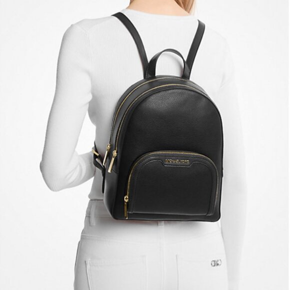 Michael Kors Jaycee Medium Black Pebbled 100% Leather Zip Pocket Backpack NWT - Picture 4 of 6